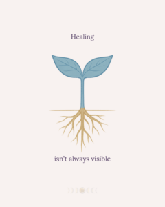 Illustration of a blue seedling above ground with golden roots below, symbolizing growth that happens beneath the surface.