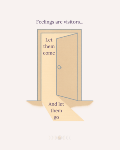 A softly lit doorway with the words “Let them come” and “Let them go” suggesting emotional flow. The text above reads: “Feelings are visitors.”