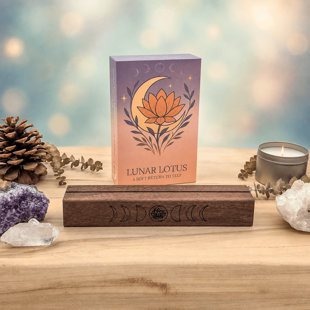 Lunar Lotus Oracle Deck with Walnut Card Stand