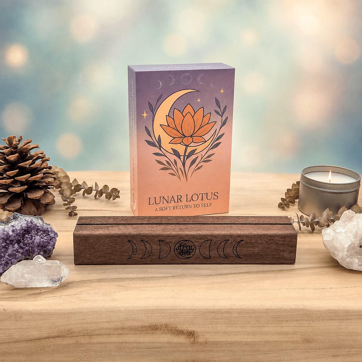 Lunar Lotus Oracle Deck with Walnut Card Stand